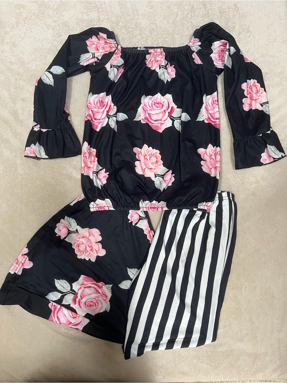 Girls Black & Pink Rose Pant Set - Floral Top with Striped Pants